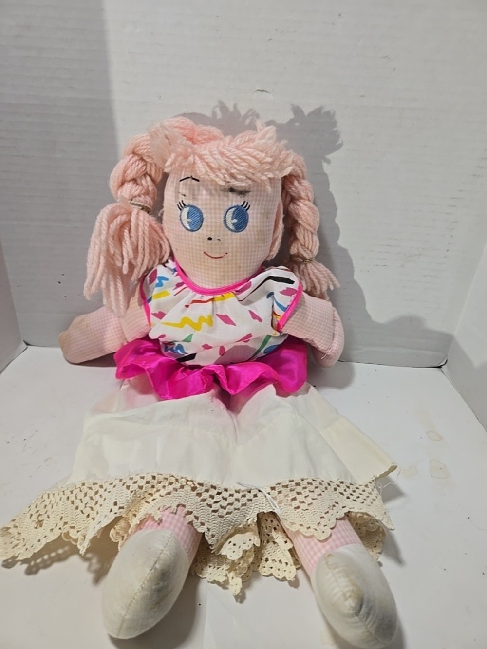 Pink Yarn-Haired Rag Doll with Bright Patterned Top
